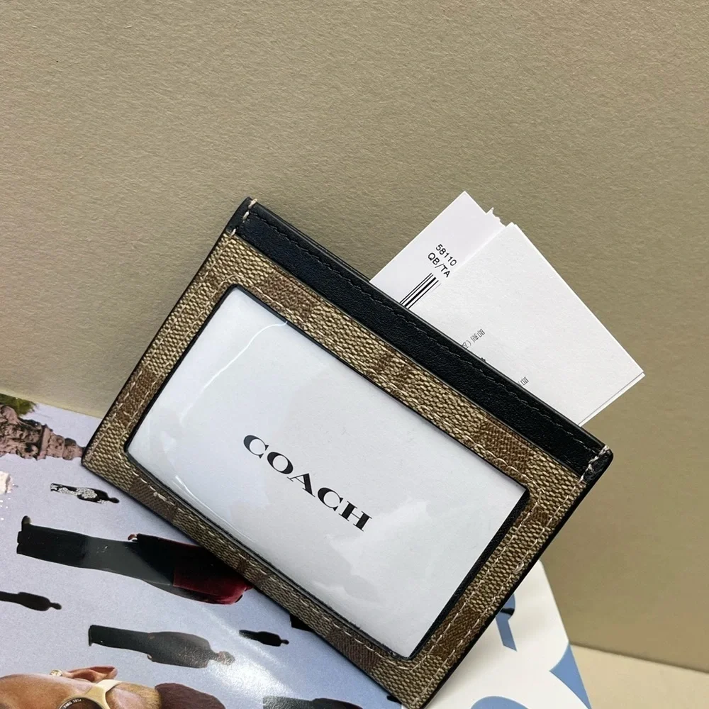 (new+tag+box) Coach Signature Monogram Card Holder Jacquard khaki brown black